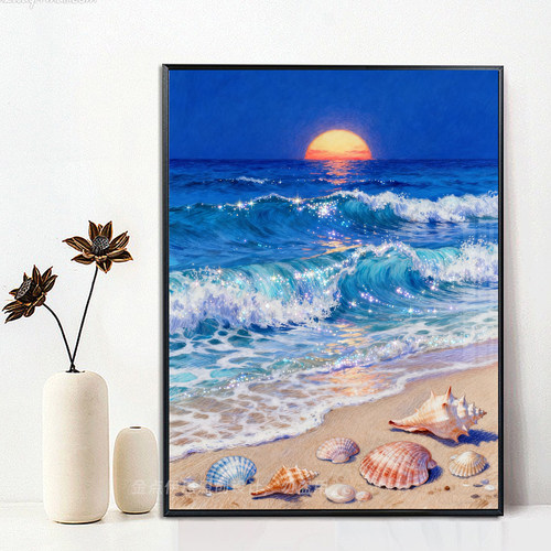 高级海边沙滩贝壳日出风景钻石画
