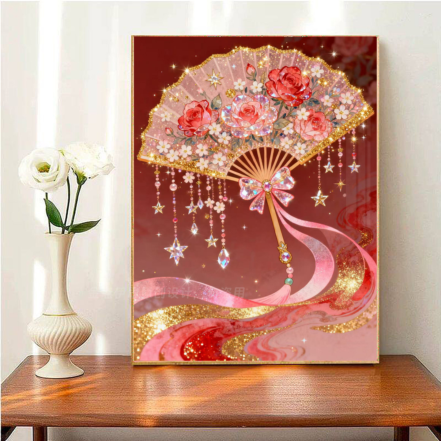 中国风玫瑰花扇钻石画2026新款古风手工点贴钻十字绣客厅卧室满钻
