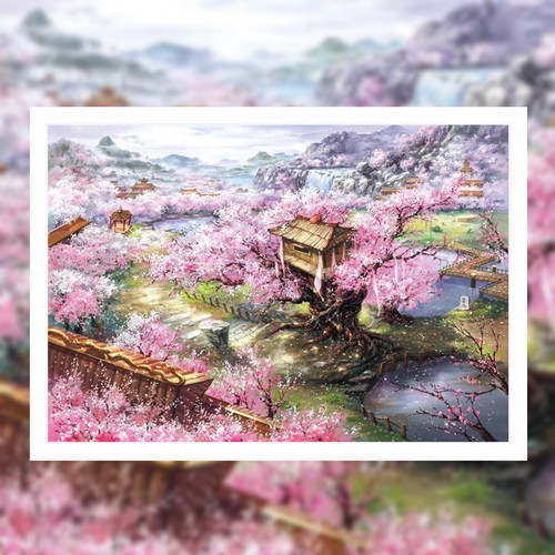 唯美风景樱花山庄钻石画手工粘钻