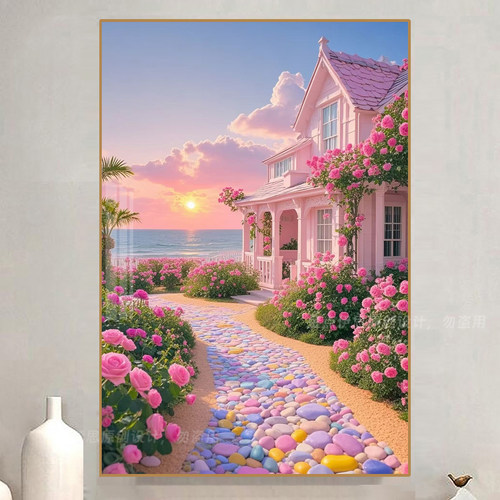 治愈系粉色玫瑰花海小屋钻石贴画