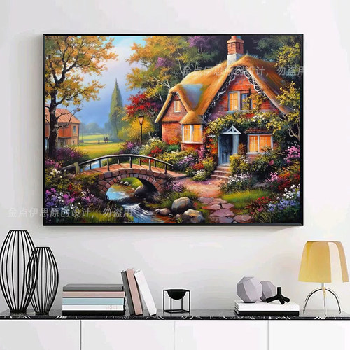高级感油画小屋风景钻石贴画卧室