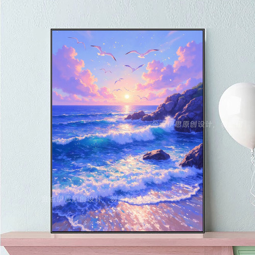 ins落日与海鸥天空风景diy钻石画