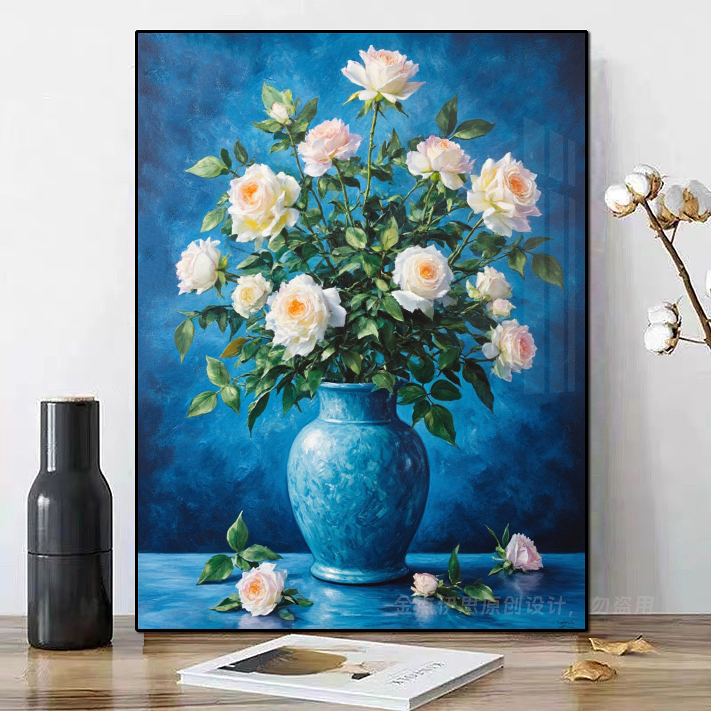 高级蓝色花瓶玫瑰花钻石画2026新款手工点贴钻十字绣客厅餐厅满钻,居家布艺,钻石绣,淘宝优惠券,粉丝福利购,淘宝优惠卷