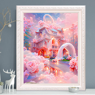 唯美粉色玫瑰城堡风景钻石画2024新款小幅贴钻十字绣客厅卧室满钻
