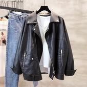 黑色皮衣外套女2025春秋港风复古宽松短款 机车pu皮夹克 小个子大码