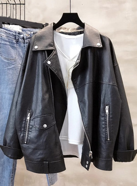 黑色皮衣外套女2025春秋港风复古宽松短款小个子大码机车pu皮夹克