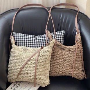 新款韩系拉链手工编织海边度假草编包高级百搭休闲单肩托特包