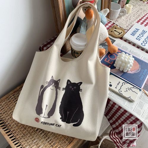 原创猫咪卡通大单肩包文艺帆布包