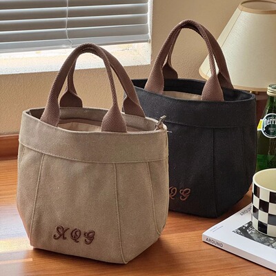 喜凡你韩版刺绣帆布手提餐盒包