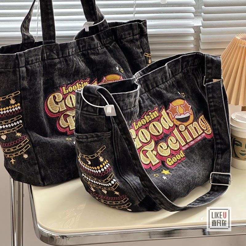 原创牛仔重工刺绣英文欧式时尚方形休闲文艺卡通单肩帆布托特包女,箱包皮具/热销女包/男包,通用款女包,淘宝优惠券,粉丝福利购,淘宝优惠卷