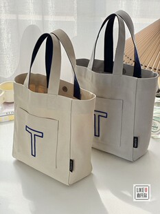 原创设计撞色字母刺绣加厚帆布文艺托特学生通勤简约百搭手提包袋