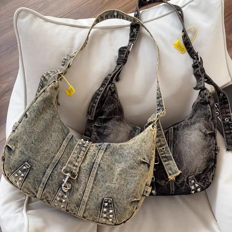 美式复古做旧废土风铆钉水洗牛仔帆布包通勤时尚单肩斜挎托特包袋