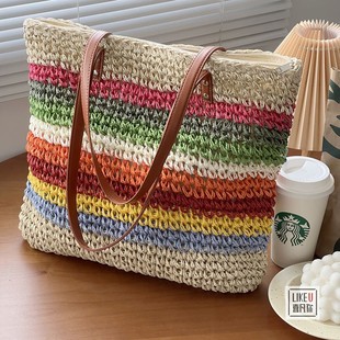 新款 ins彩虹撞色条纹手工编织草编包森系休闲百搭海边度假单肩包