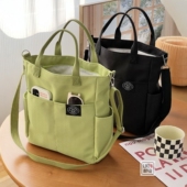 森系多口袋休闲百搭单肩斜挎学生文艺托特帆布包 原创自制新款