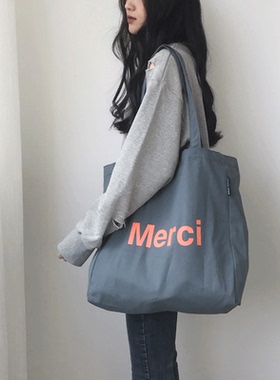 原创merci同款ins超火手拎单肩包环保购物袋文艺范女大容量帆布包