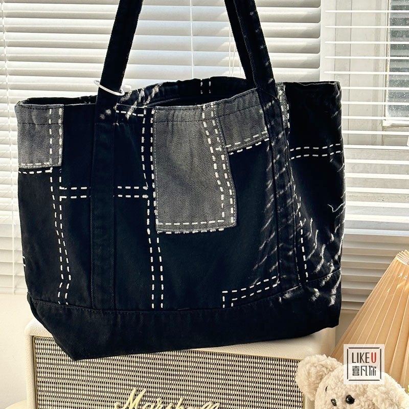 原创小众手工拼接欧美时尚方形水洗牛仔文艺休闲单肩帆布托特包女,箱包皮具/热销女包/男包,通用款女包,淘宝优惠券,粉丝福利购,淘宝优惠卷
