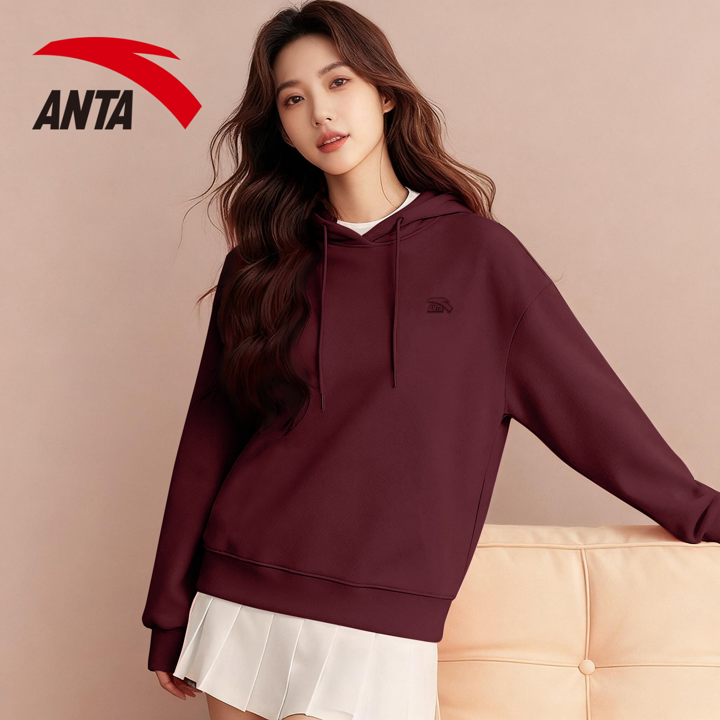 安踏女装酒红色宽松大码运动卫衣