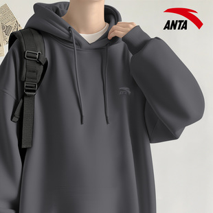 安踏外套男春秋款连帽上衣2025年新款宽松灰色加绒卫衣男款打底衫