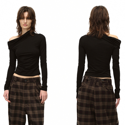 EMPTYPAGE黑色斜肩弹力打底衫