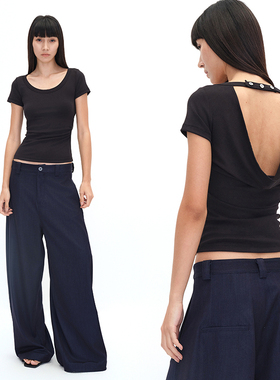 EMPTY PAGE夏季黑色正反穿T恤弹力修身显瘦露背/荡领短袖