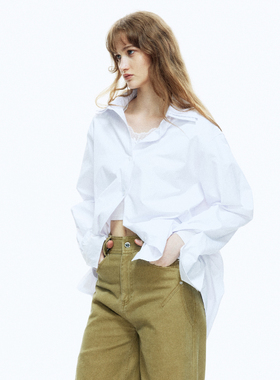 EMPTY PAGE春夏白色双层领中长款宽松版型衬衫男友风衬衫