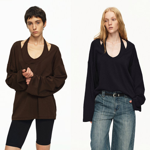 宝蓝/咖啡色真两件套宽松T恤