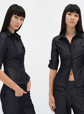 EMPTY PAGE牛仔色夏季薄款中袖修身衬衫蓝色微弹显瘦前长后短衬衫