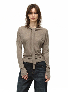 EMPTY PAGE黑/卡其色羊毛混纺飘带T恤修身百搭显瘦打底衫