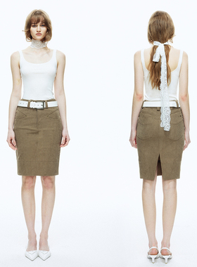 EMPTY PAGE卡其色灯芯绒半身裙金属铆钉铅笔裙