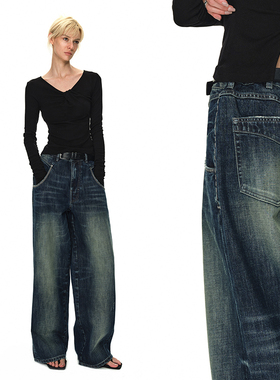 EMPTY PAGE深蓝色复古水洗绣花做旧宽松牛仔裤