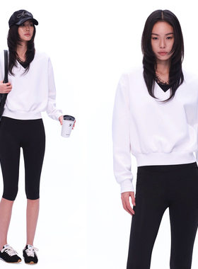 EMPTY PAGE 春夏宽松白色V领卫衣蕾丝拼接百搭套头衫