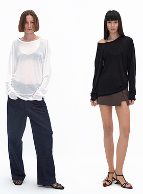 EMPTY PAGE夏季黑/白超薄款宽松休闲大露背系带长袖T恤
