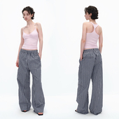 EMPTY 微阔腿裤 PAGE夏季 蓝白格子抽绳休闲裤