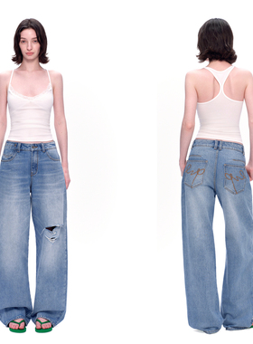 EMPTY PAGE 100%棉浅蓝色破洞牛仔裤宽松百搭休闲直筒裤