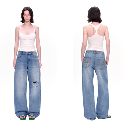 EMPTYPAGE100%棉破洞牛仔裤