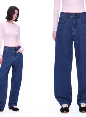 EMPTY PAGE 100%棉春夏深蓝色中高腰复古水洗锥形牛仔裤