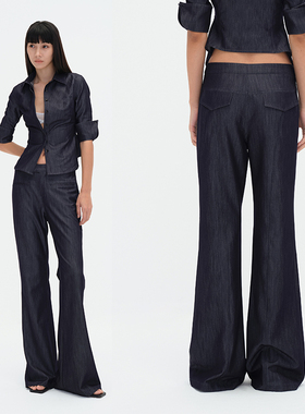 EMPTY PAGE夏季薄款牛仔蓝色修身极简喇叭西装休闲裤
