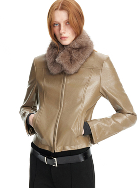 EMPTY PAGE 豆沙绿可拆卸毛领收腰皮衣短款修身皮夹克