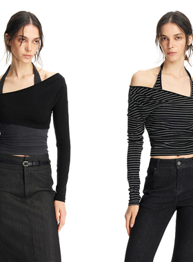 EMPTY PAGE  黑灰/条纹真两件修身百搭打底衫弹力T恤