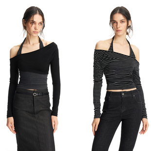 百搭打底衫 EMPTY 条纹真两件修身 黑灰 弹力T恤 PAGE