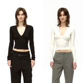 白深V领分割打底衫 EMPTY PAGE黑 百搭弹力显瘦T恤