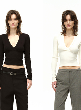 EMPTY PAGE黑/白深V领分割打底衫百搭弹力显瘦T恤