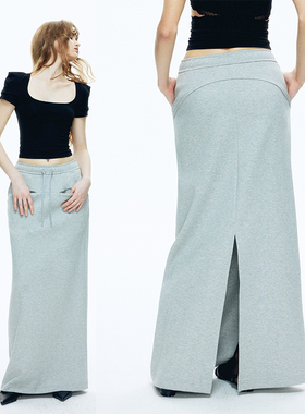 EMPTY PAGE灰色插袋半身裙抽绳开叉卫衣裙