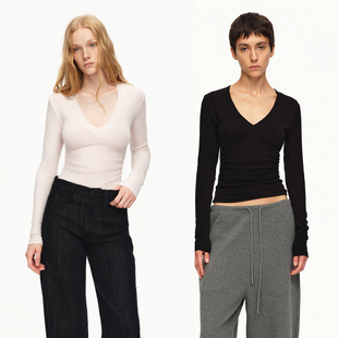 PAGE T恤百搭打底衫 25秋冬 浅粉色V领弹力修身 黑 EMPTY