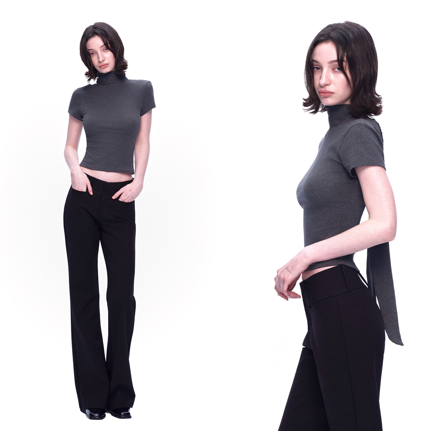 EMPTY PAGE 深灰色正肩T恤小高领飘带露背短袖弹力修身T恤