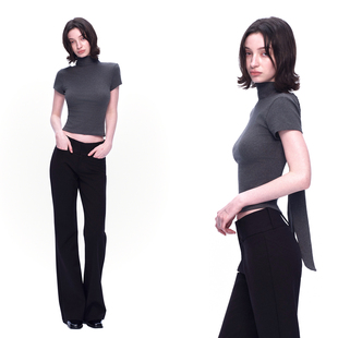 弹力修身 深灰色正肩T恤小高领飘带露背短袖 T恤 PAGE EMPTY