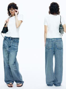 EMPTY PAGE悠闲度假蓝色宽松猫须牛仔裤弧形微收脚低裆休闲裤