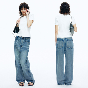 EMPTY PAGE悠闲度假蓝色宽松猫须牛仔裤弧形微收脚低裆休闲裤