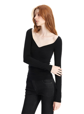 EMPTY PAGE  黑色修身弹力T恤贝壳结构大V领基础打底衫