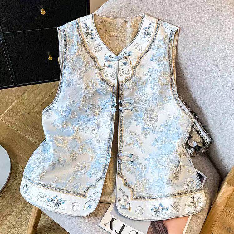 新中式重工刺绣提花马甲女圆领盘扣百搭坎肩国风背心春季新款外穿